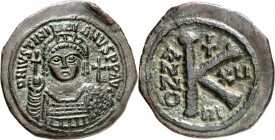 BYZANZ. 
IUSTINIANUS I. 527-565. AE-Halbfollis 31mm ("12"=&nbsp;538/539) 9,47g, Nicomedia. Helmbüste v.v. D N IVSTINI-ANVS PP AVC / Wert K zw. ANNO -...