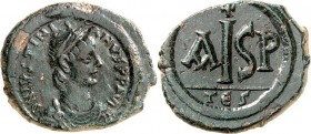 BYZANZ. 
IUSTINIANUS I. 527-565. AE-2/5 Follis zu 16 Nummi (gegen 542) 8,51g Thessalonica (Saloniki). Büste n. r. D N IVSTINI - ANVS PP AVG / Großes ...