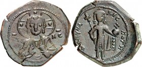 BYZANZ. 
MANUEL I. Komnenos 1143-1180. AE-Tetarteron 2,46g, Konstantinopel. Christusbüste mit Nimbus v.v. IC - XC / + MANUH L - D EC POTHC Kaiser ste...