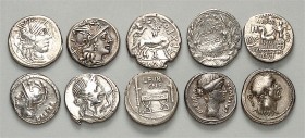 RÖMISCHE REPUBLIK. 
Silbermünzen. 15 Denare: Pub.Sulla Cr.205/1, Sex.Pompeius Fostlus Cr.235/1, C.Cato Cr.274/1, L. Torquatus Cr.295/1, Q. Lutatius C...