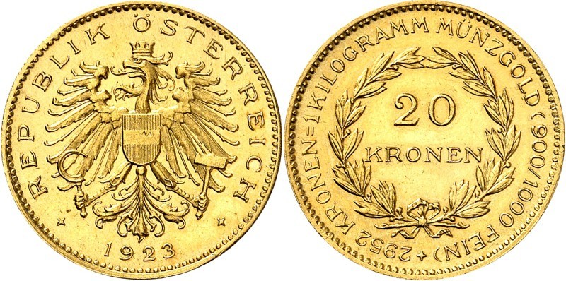 ÖSTERREICH. 
1. Republik 1919-1938. 20 Kronen 1923 Wert / Adler. Fr.&nbsp; 434,...