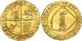 SPANIEN. 
KÖNIGREICH. 
Juan II. 1406-1454. Dobla de la Banda, Gold o.J. S, Sevilla. Wappenschild (Leg.-Trenner Rosetten) + IOhANES DEI GRACIA REX LE...