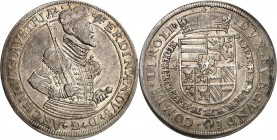 Römisch Deutsches Reich. 
Ferdinand II., Erzherzog 1564-1595. Reichstaler o.J. Hall. Geharn. Hüftbild n.r. / Gekr. Wappen. Vh.&nbsp; 87/21 var., Dv.&...