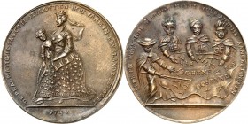 Römisch Deutsches Reich. 
Maria Theresia 1740-1780. Niederl. Spottmedaille 1742 (o. Sign.) a. d. pragmatische Sanktion. Die gekr. Kaiserin schreitet ...