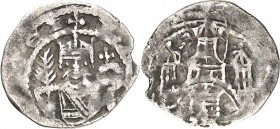 Aachen-Reichsmünzstätte. 
Friedrich II. von Hohenstaufen 1215-1250. Obol 0,46g + F(RID IIII EX)? Thronender Kaiser mit Rutenzepter (Palmzweig?) u. Re...