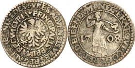 Aachen-Stadt. 
z.Z. Josef I. 1705-1711. Ratszeichen zu 8 Mark 1708 Adler n. l. im doppelten Umschriftkreis / Frau füllt ein Römerglas aus einer Weink...