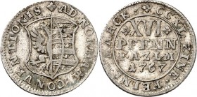 Anhalt-Zerbst. 
Friedrich August 1747-1793. 16 Pfennig (1/24 Konv.-Taler) 1767 Gesp. Wappen / 4 Z. Wert. J.&nbsp; 10, Mann&nbsp; 376. . 

ss+