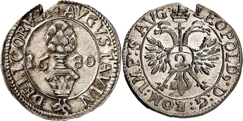 Augsburg-Stadt. 
z.Z. Leopold I. 1657-1705. 1/2 Batzen 1680 Pyr zw. Jz. / Adler...