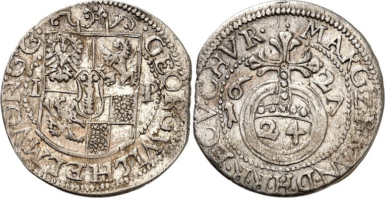 Brandenburg-Preussen. 
Georg Wilhelm 1619-1640. 1/24 Taler 1627 IP, Cöln. Wappe...