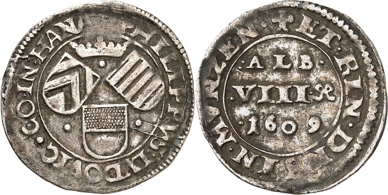 Hanau-Münzenberg. 
Philipp Ludwig II. 1580-1612. Albus zu 8 Pfennigen 1609 Kron...