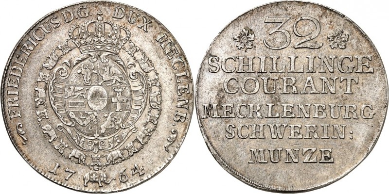 Mecklenburg-Schwerin. 
Friedrich II. 1756-1785. 32 Schillinge 1764 Gekr. Wappen...