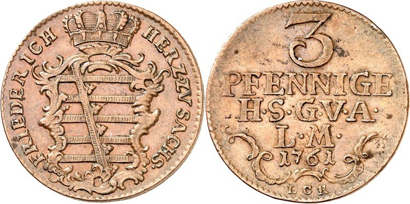 Sachsen-Gotha-Altenburg. 
Friedrich III. 1732-1772. Cu-3 Pfennig 1761, Pfennig ...