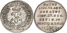 Sachsen-Saalfeld. 
Johann Ernst VIII. 1680-1699(-1729). Groschen 1729 a.s. Tod. Gekr. Monogramm im Kranz / 7 Z. Widmung. Grasser&nbsp; 461, Slg.Merse...
