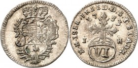 Sachsen-Weimar-Eisenach. 
Franz Josias von Sachsen-Coburg-Saalfeld, Vormund 1749-1755. 6 Pfennig 1753 Fünffeldriges Wappen in gekr. barocker Kartusch...