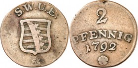 Sachsen-Weimar-Eisenach. 
Carl August 1775-1806(-1828). Cu-2 Pfennig 1792 Wappenschild, darunter Löwe n. r. / 3 Z. Wert und Jahr. J.&nbsp; vgl.504. ....