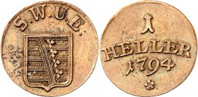 Sachsen-Weimar-Eisenach. 
Carl August 1775-1806(-1828). Cu-Heller 1794 Wappenschild / 3 Z. Wert und Jahr, darunter Rosette S.W.U.E. J.&nbsp; 501c, Me...