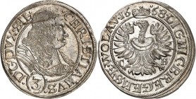Schlesien-Liegnitz-Brieg, Fürstentum. 
Christian zu Wohlau 1639-1672. 3&nbsp;Kreuzer 1668 C-B, Breslau. Brb. n.r. / Adler unter Fürstenhut. F.u.S.&nb...