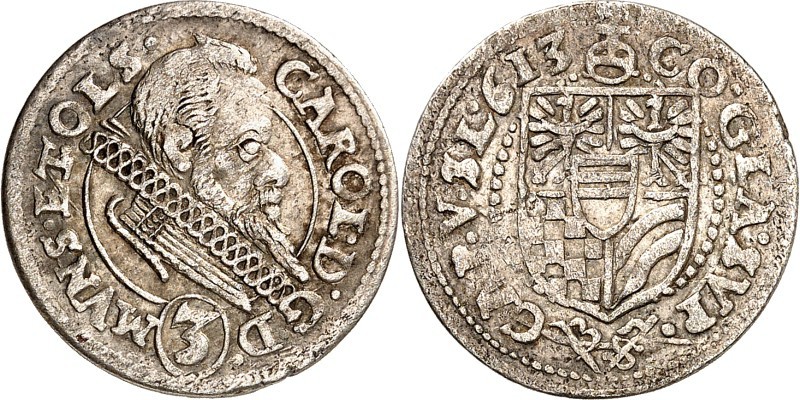 Schlesien-Münsterberg-Öls, Fürstentum. 
Karl II. 1548-1617. 3 Kreuzer 1613, 161...