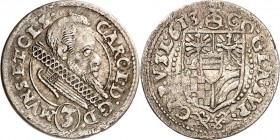 Schlesien-Münsterberg-Öls, Fürstentum. 
Karl II. 1548-1617. 3 Kreuzer 1613, 1614 Brb. n.r. / Wappenschild. FuS. 2184, 2201. .