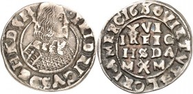 Schleswig-Holstein-Gottorp. 
Friedrich III. 1616-1659. 1/16 Reichstaler 1630 Brb. n.r. mit Halskrause / Wert mit HNSH. Lange 340 a. . 

ss