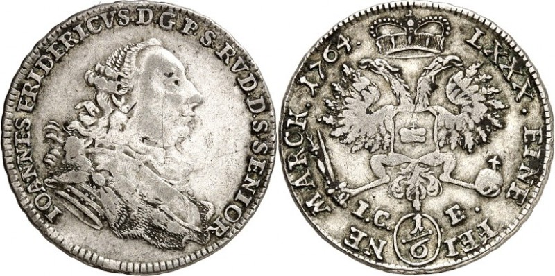 Schwarzburg-Rudolstadt. 
Johann Friedrich 1744-1767. 1/6 Taler 1764 I.C.-E. Saa...