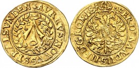 Stralsund. 
unter Schweden 1637-1814. Dukat 1644 mit Titel Ferdinands III. Strahl im Kranz / Gekr. Doppeladler. GOLD 3,44g. Ahlström&nbsp; 3a, Bratri...