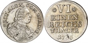 Wied-Neuwied. 
Johann Friedrich Alexander 1737-1791. 1/6 Reichstaler (preuß.) 1756. Geharn. (schmales) Brb. n.r. / 5 Z. Wert u. Jahr. Schneider&nbsp;...
