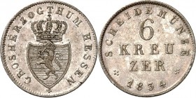 Hessen-Darmstadt. 
Ludwig II. 1830-1848. 6 Kreuzer 1834. AKS&nbsp; 107, J.&nbsp; 32. . 

ss+