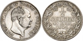 Hohenzollern unter Preussen. 
Friedrich Wilhelm IV. 1840-1861. 1/2 Gulden 1852&nbsp;A. AKS&nbsp; 21, J.&nbsp; 22. . 

l.Kratzer,vz