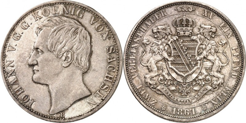 Sachsen, Königreich. 
Johann 1854-1873. Vereinsdoppeltaler 1861. AKS&nbsp; 127,...