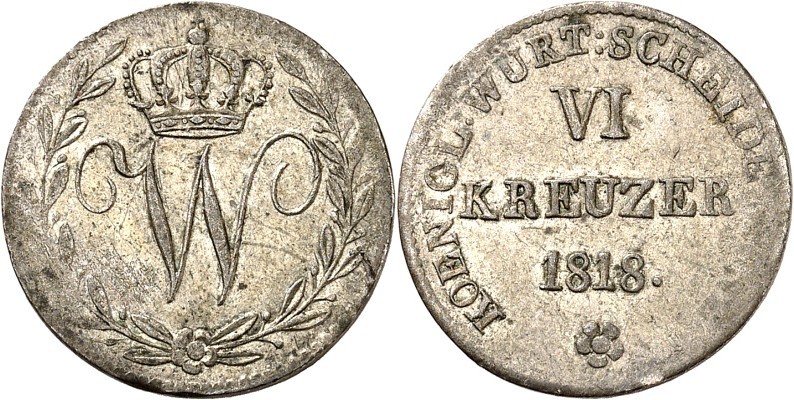 Württemberg. 
Wilhelm I. 1816-1864. 6 Kreuzer 1818. AKS&nbsp; 94, J.&nbsp; 31. ...