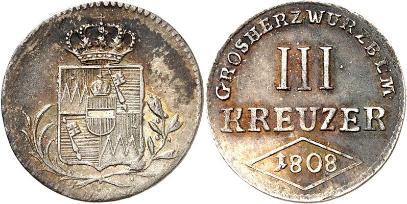 Würzburg, Großherzogtum. 
Ferdinand v. Österreich 1806-1814. 3 Kreuzer 1808. AK...