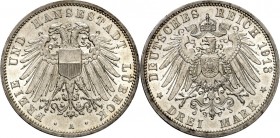 KAISERREICH. 
LÜBECK, Freie und Hansestadt. 
3 Mark 1913 Stadtadler breit. J.&nbsp; 82. . 

winz. Rf., St-