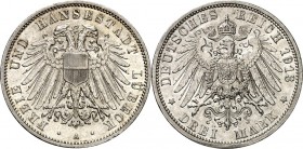 KAISERREICH. 
LÜBECK, Freie und Hansestadt. 
3 Mark 1913 Stadtadler breit. J.&nbsp; 82. . 

vz-St