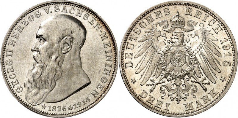 KAISERREICH. 
SACHSEN-MEININGEN, Herzogtum. 
3 Mark 1915 Georg II., Tod. J.&nb...