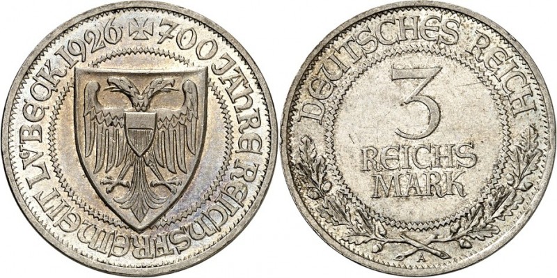 WEIMARER REPUBLIK. 
GEDENKMÜNZEN. 
3 Reichsmark 1926A Lübeck. J.&nbsp; 323. . ...