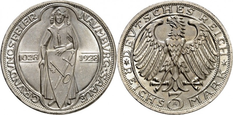 WEIMARER REPUBLIK. 
GEDENKMÜNZEN. 
3 Reichsmark 1928A Naumburg. J.&nbsp; 333. ...