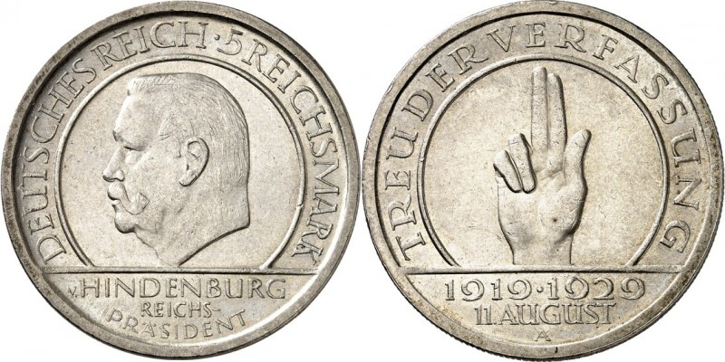 WEIMARER REPUBLIK. 
GEDENKMÜNZEN. 
5 Reichsmark 1929A Verfassung. J.&nbsp; 341...