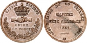 EUROPA. 
FRANKREICH. 
Juli-Revolution 1830. Medaille 1831 (o. Sign.) a.d. Jahrestag d. Revolution in NANTES. UNION ET FORCE 2 Hände zum Handschlag z...