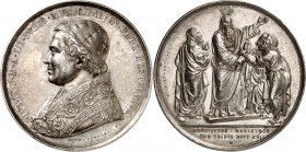 EUROPA. 
ITALIEN-Kirchenstaat. 
Pius IX. 1846-1878. Jahresmedaille An.III (1848) (v. G. Cerbara) a. d. neuen Gesetze. Brb. in Pluviale mit Calotta n...
