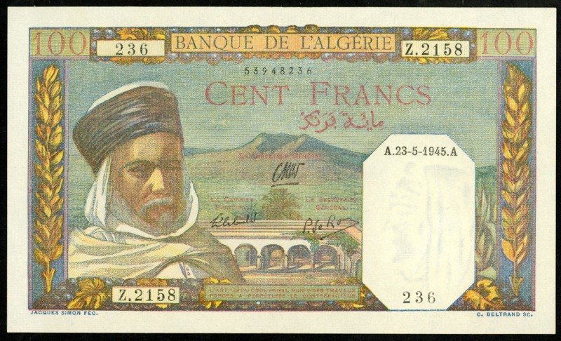 ALGERIEN. 
Banque de l'Algerie. 100 Francs 23.5.1945 Turbanträger. Pick&nbsp; 8...