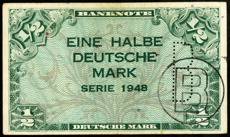 Bundesrepublik. 
Bank Deutscher Länder. 
1/2 Deutsche Mark 1948 mit Berlin- St...