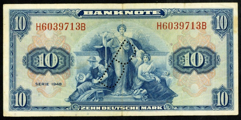 Bundesrepublik. 
Bank Deutscher Länder. 
10 DM 1948 H-B mit B-Perforation. Ros...