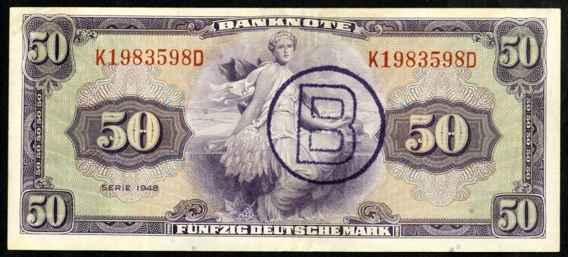 Bundesrepublik. 
Bank Deutscher Länder. 
50 Deutsche Mark 1948 K-D mit B-Stpl....