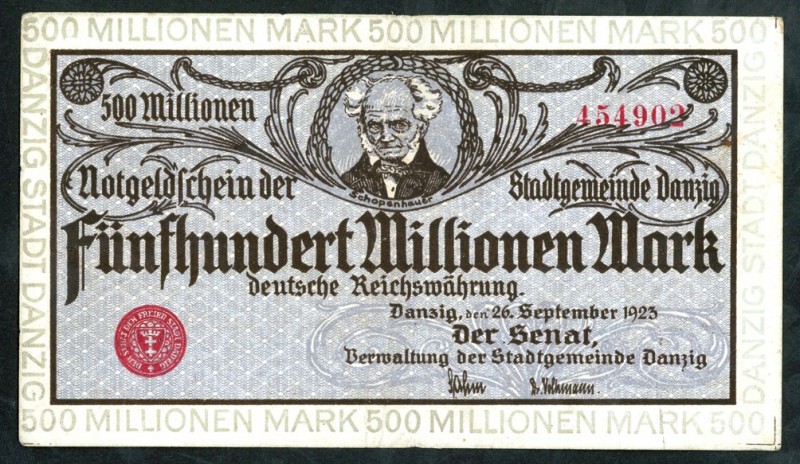 Deutsche Nebengebiete und Kolonien. 
DANZIG. 
500 Mio. Mark 26.9.1923 grauer R...