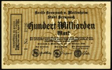 RHEINLAND-PFALZ. 
Kreuznach u. Meisenheim, Kreise u. Stadt Kreuznach. 100 Mrd.Mark 15.10.1923 -1.4.1924. v.E. 1605,6a, Ke.&nbsp; zu 2814. . 

II