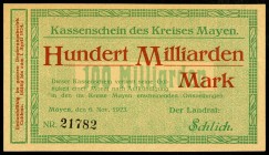 RHEINLAND-PFALZ. 
Mayen, Kreis, Separatausgaben. 100 Mrd.Mark 6.11.1923 -1.4.1924(Separatistenschein). Ke.&nbsp; 3487.t., v.E. 1617.S8. . 

I-
