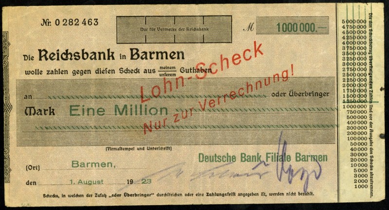 RHEINLAND. 
Barmen, Deutsche Bank. 4 x 1 Mio.Mark 1.8.1923 -15.8.1923.Lohn-Sche...