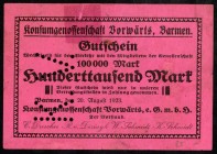 RHEINLAND. 
Barmen, Konsumverein. 100.000, 500.000 Mark 20.8.1923 Entwertet. Ke. 249b, v.E. 71.2,3. (2). 

III kl.Fleck.Ecke fehlt.
