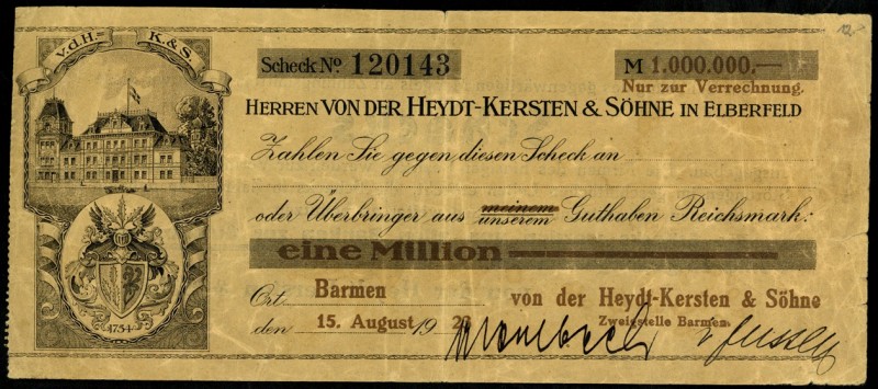 RHEINLAND. 
Barmen, v.d.Heydt-Kersten & Söhne. 1, 2, Mio.Mark 15.8.1923. v.E.&n...